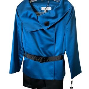 BRAND NEW! Tahari Electric Blue Satin Jacket Black Satin Skirt Rhinestone Buckle